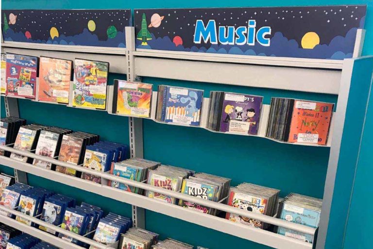 browsing bins and zig-zag shelf for children's CDs