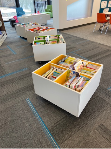mobile board book bins with colorful interior
