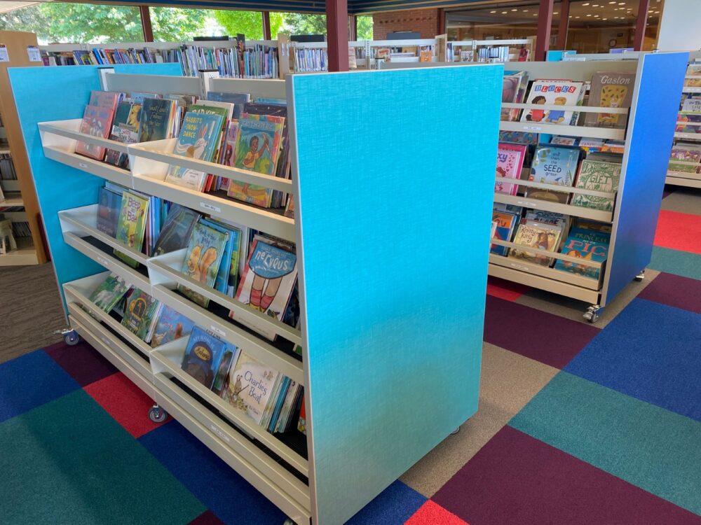 blue laminate end panels for picture book browsing bins