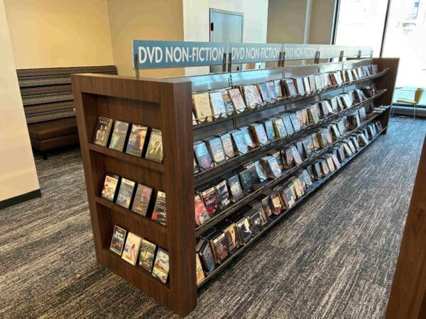 DVD browsing bin shelving with custom display end panels