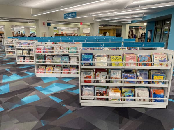 double-faced browse bins at Palatine Public Library