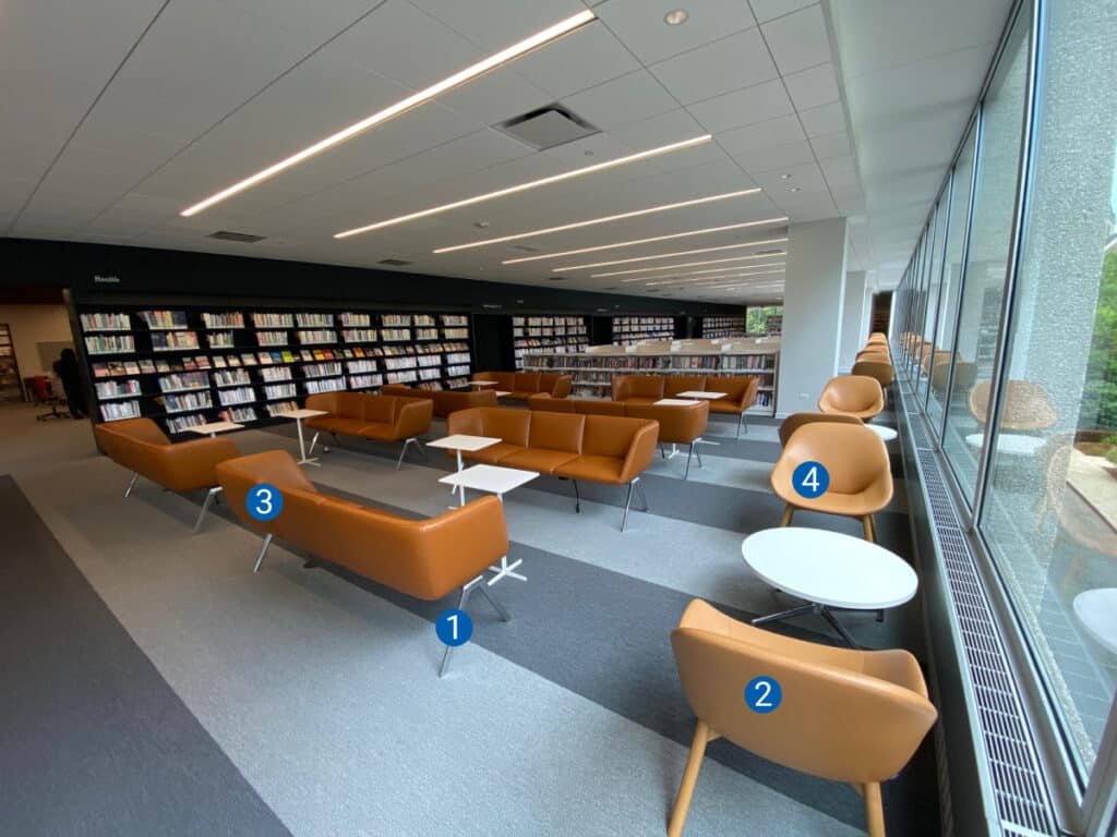 lounge seating with sofas and chairs at Skokie Public Library