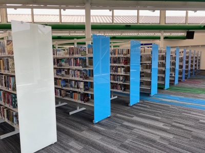 Standard library shelving with glass end panels