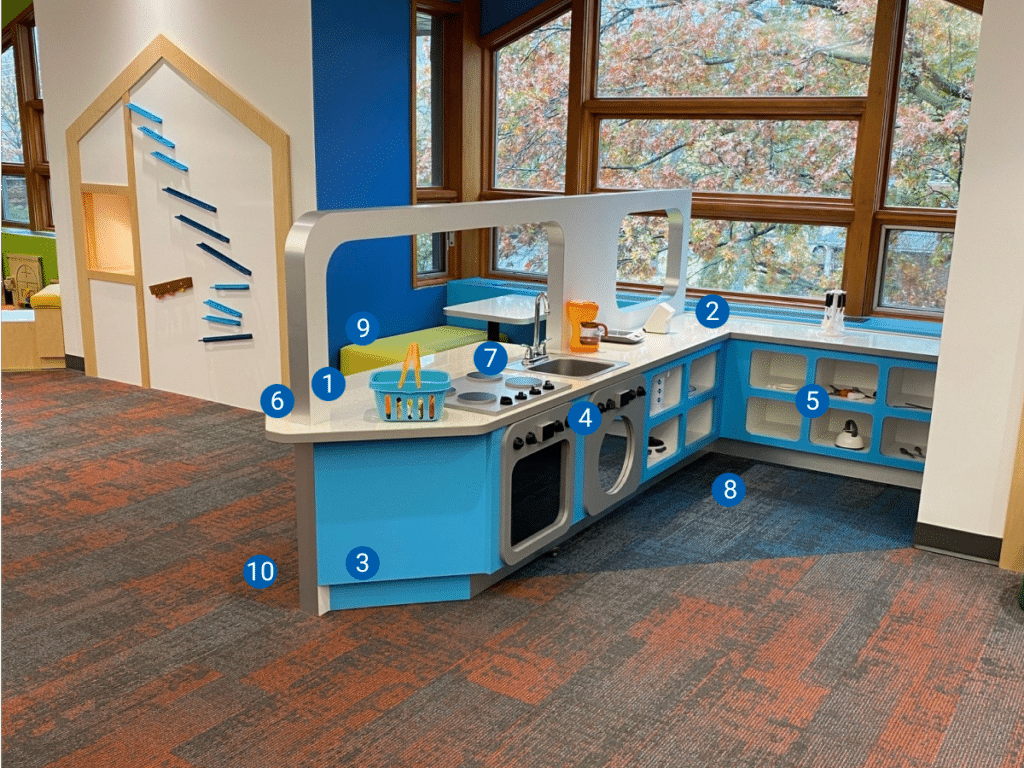 custom play kitchen and diner with play stove, oven, sink, and washing machine