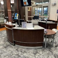 Oregon City Circulation Service and Staff Desk with swing gate and two height adjustable sections.