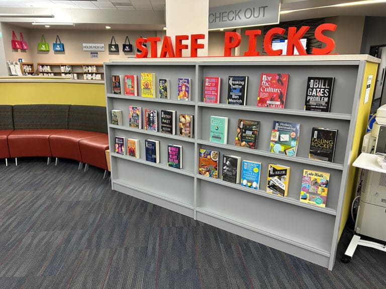 staff picks wall display shelving from Bettendorf public library