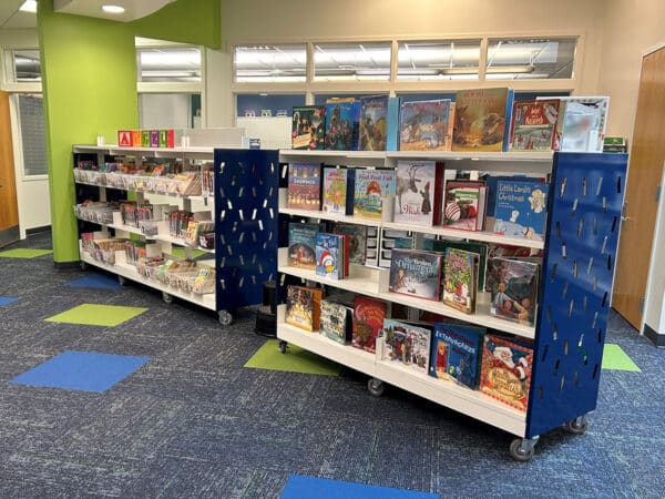 St. Patrick School Mobile Display Shelving with Royal Blue Perforated End Panels