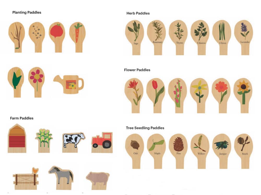 Ames PL Play Structure Window Box Paddles featuring planting, herbs, flowers, tree seedlings, and farm scenes