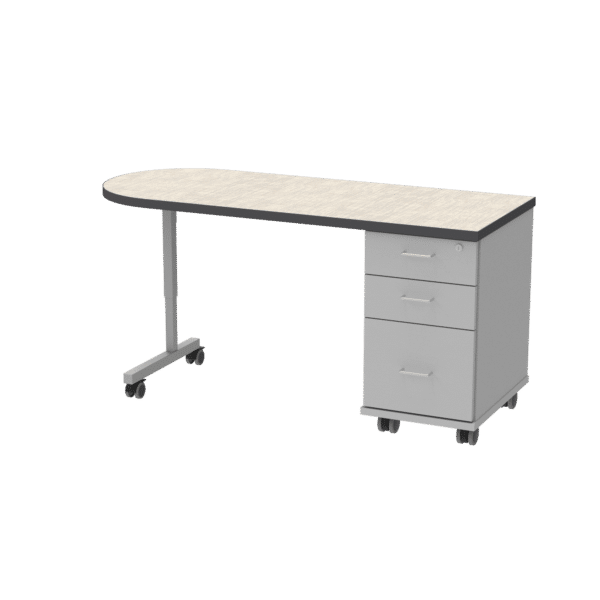 Universal Appleton Teacher's Desk with UNET Leg, Casters, (Cabinet and Legs can be installed on the Right or Left) in Vision Vava HPL Work Surface, 3mm Wrought Iron Edge, (TFL Folkstone Case, Matching Edge), Smooth Silver Leg