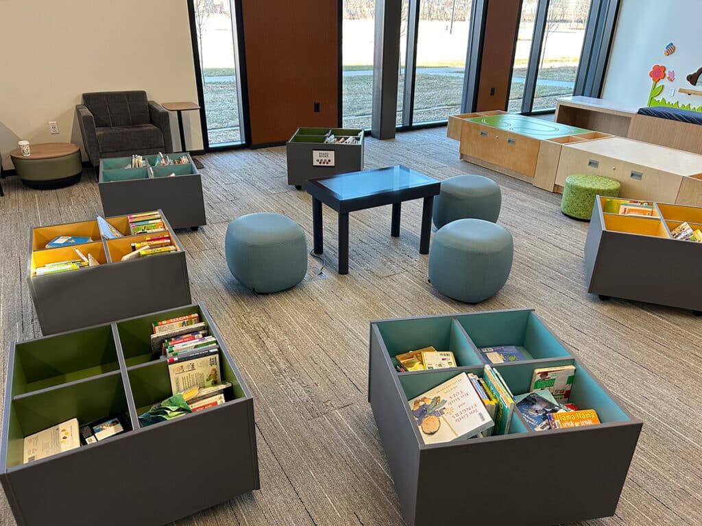 Grimes Public Library Iowa Children's Department with custom browsing cubes