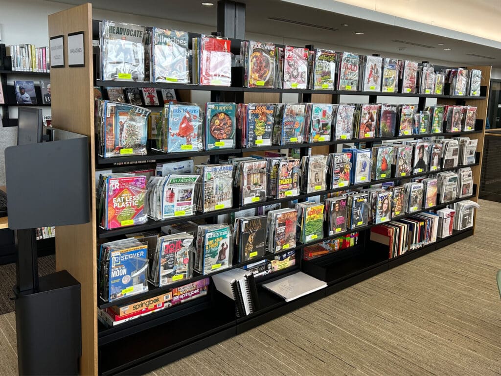 Grimes Public Library Iowa Black Steel shelving with MagBox acrylic storage