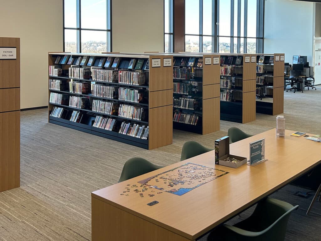 Grimes Public Library Iowa Black Shelving with slatwall end panels