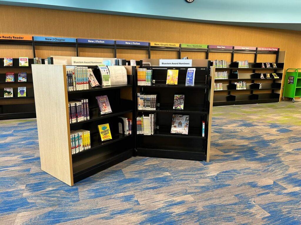 Tinley Park Public Library Marketplace pinwheel shelves