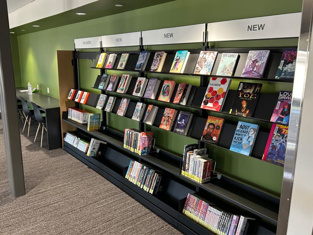 Grimes Public Library Iowa Black Steel Shelving with Display Shelves